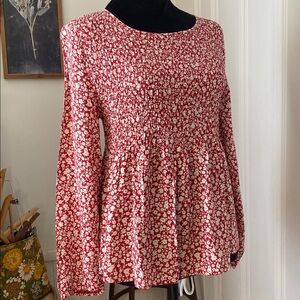 URBAN Romantics Red and White Floral smocked long sleeve blouse